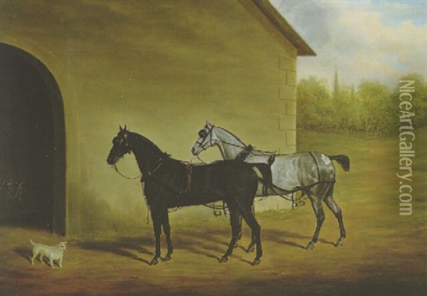 Carriage Horses Before A Coach House With A White Terrier Oil Painting - James Loder Of Bath