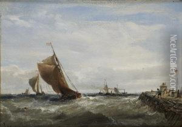 Sailing Boats And Steamers Outside A Harbour Oil Painting - Edwin Hayes