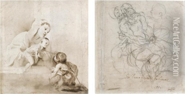 Recto: Madonna And Child And St. John The Baptist Verso: Study For A Deposition Oil Painting - Pietro Faccini