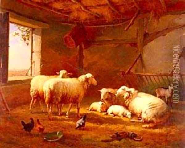 Sheep With Chickens And A Goat In a Barn Oil Painting - Eduard Veith