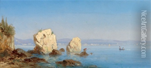 Fischer Am Strand (+ Die Faraglioni Felsen Auf Capri; 2 Works) Oil Painting - Wilhelm Beurlin