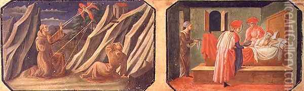 St. Francis of Assisi receiving the stigmata, SS. Cosmas and Damian healing a sick man; copies of original panels forming part of the Predella to the Madonna and Child Enthroned by Filippo Lippi Oil Painting - Pesellino