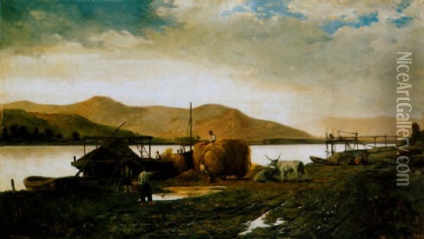 Szenaszallito Hajok A Dunan (ships In The Danube) Oil Painting - Antal (Antoine) Tahi