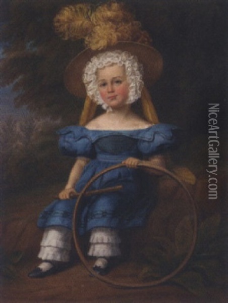 Portrait Of A Boy In A Blue Dress And Feathered Hat, Holding A Hoop, In A Landscape Oil Painting - Margaret Sarah Carpenter