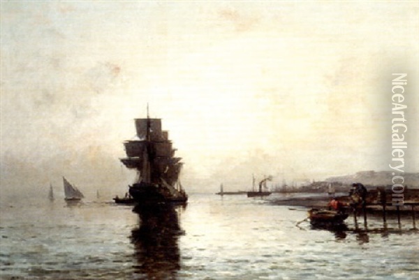 Navires Et Embarcations Aux Abords D'un Port Oil Painting - Jean Baptiste Olive