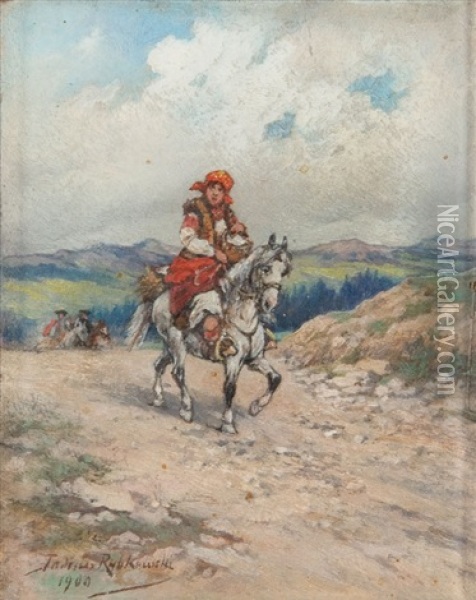 Goral Woman On A Horseback Oil Painting - Tadeusz Rybkowski