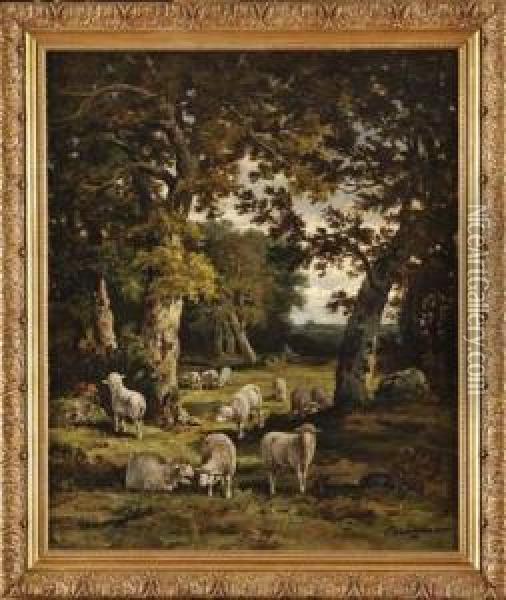 Bergers Et Moutons En Sous Bois Oil Painting - Charles Ferdinand Ceramano