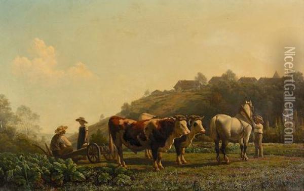 Feldlandschaft Mit Bauern Bei Der Rast. Oil Painting - John Graff