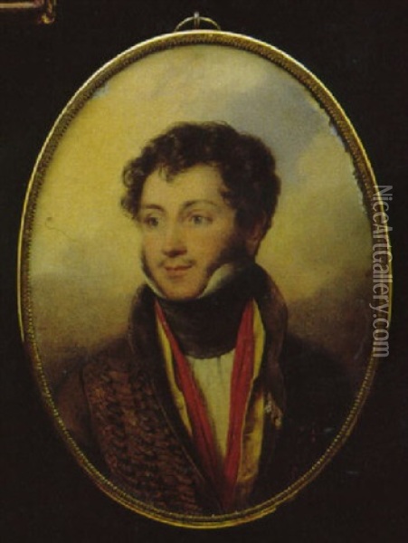 Portrait Of An Officer, In Brown Coat, Yellow Waistcoat, White Shirt And Black Stock Oil Painting - Jean-Baptiste Isabey