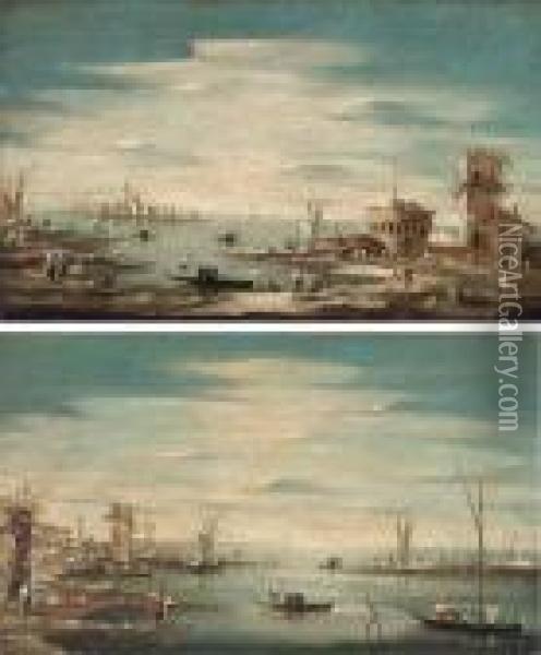 A Capriccio Of Santa Maria Della
 Salute, Venice, From Across Thelagoon; And A Capricco Of The Venetian 
Lagoon With Boatmen Oil Painting - Francesco Guardi