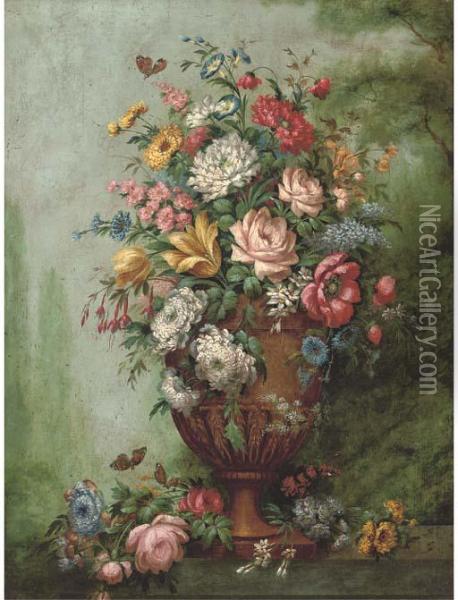 Flowers In A Sculpted Urn On A Stone Ledge Oil Painting - Jan van Os