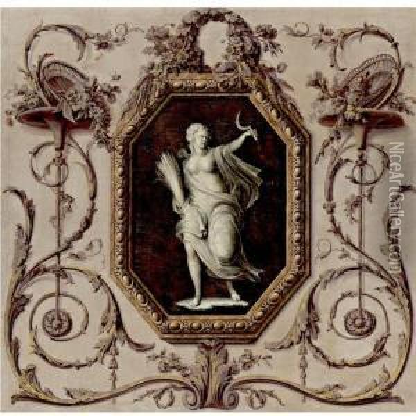 Trompe L'oeil With Demeter In A Painted Cartouche Oil Painting - Jan Gerard Waldorp