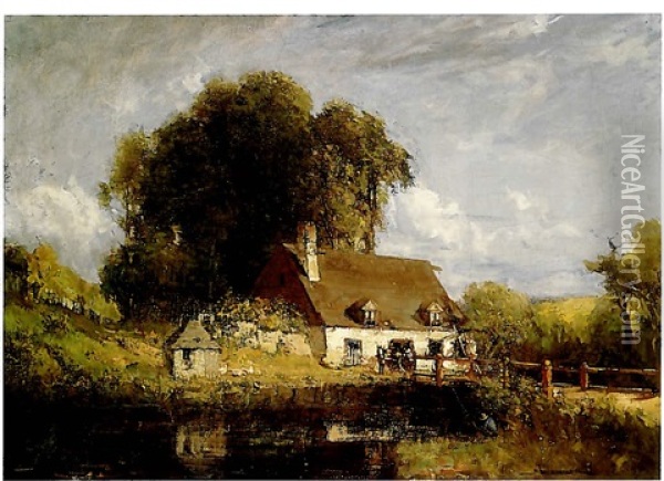 Farm House On The Canal With Bridge Oil Painting - Peleg Franklin Brownell