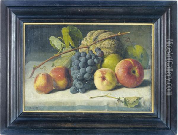 Still Life Of Grapes, A Melon, Peaches And Apples On A Table Oil Painting - George Hetzel