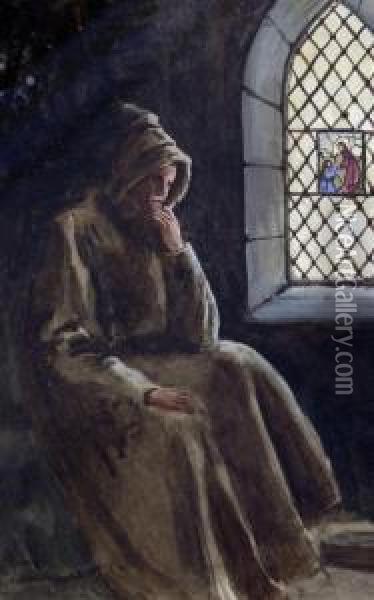 Monk Beside A Stained Glass Window Oil Painting - William Tatton Winter
