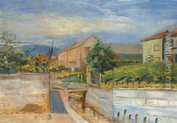 Hauser Und Sommergarten Am Bach (edenkoben?) Oil Painting - August Croissant
