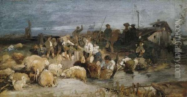 Sheep Washing Oil Painting - Heinrich Johann Von Zugel