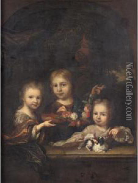 Portrait Of Three Children, Said
 To Be Joan, Agathea Lavina And Anna Elisabeth Geelvinck, One Holding A 
Bowl, Another A Flower Wreath And The Smallest Stroking A Dog, In A 
Stone Niche, A Landscape Beyond Oil Painting - Arnold Boonen