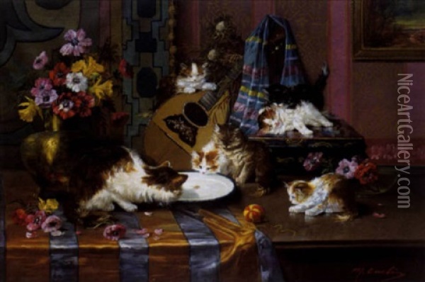 Interieur Met Moederkat En Kittens Oil Painting - Max Carlier