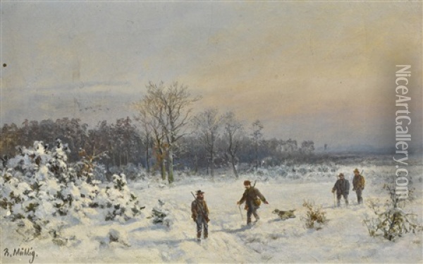 Hunters In The Snow Oil Painting - Bernhard Muehlig
