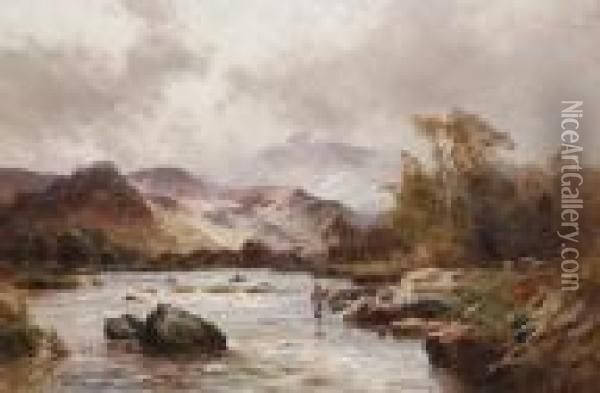 Trout Fishing In Snowdonia, Capel Curig Oil Painting - Alfred de Breanski