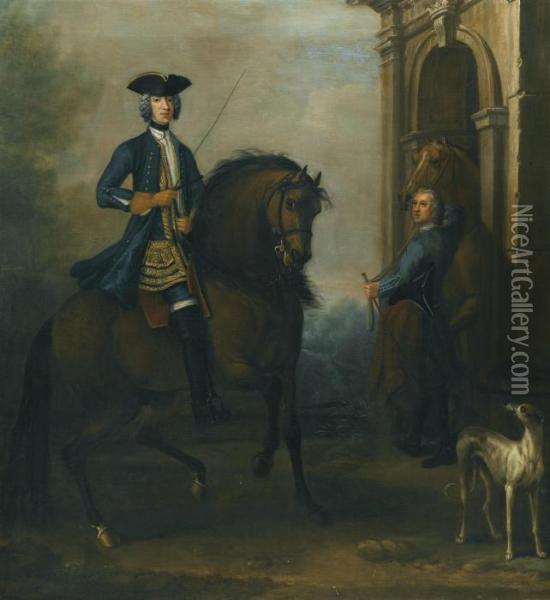 Portrait Of A Gentleman On 
Horseback, Probably James Douglas-hamilton, 5th Duke Of Hamilton And 2nd
 Duke Of Brandon (1703-1743), Mounted On A Bay Hunter, With His Groom 
Holding Another Horse By A Classical Arch, And A Greyhound Oil Painting - John Wootton