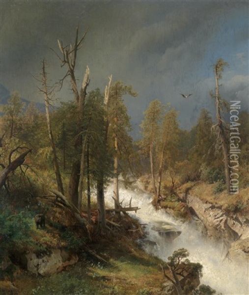 Wasserfall Im Gebirge, Links Ein Bar Oil Painting - Hermann Herzog