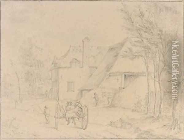 A village view with a peasant by a horse-drawn carriage Oil Painting - Dutch School