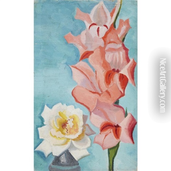 White Rose And Pink Gladioli Oil Painting - Joseph Stella