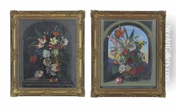 A Vase Of Flowers In A Niche; And Another, Similar Oil Painting - Frederick Gordon Crosby