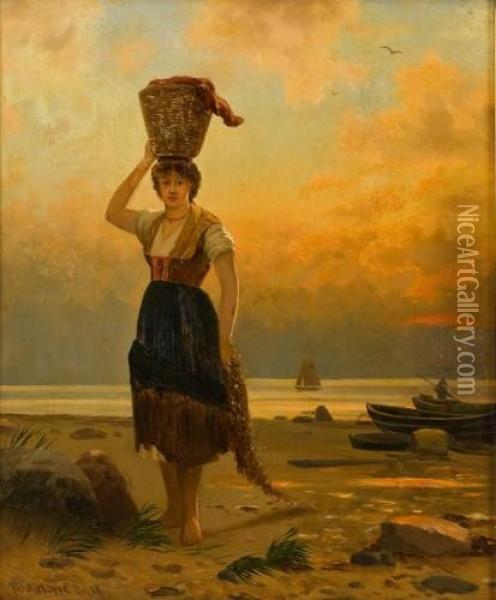 Frau Im Abendlicht Am Strand Oil Painting - Ferdinand Hoppe