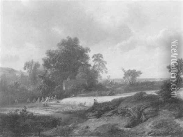 A Wooded Sloping Landscape With Peasants Harvesting Oil Painting - Pieter Lodewijk Francisco Kluyver