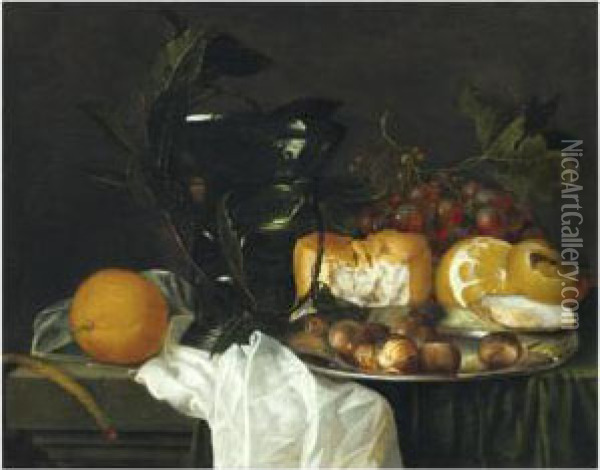 Still Life With A Roemer, A 
Peeled Lemon, Bread, An Oyster Andchestnuts On A Pewter Dish, Grapes, A 
Taper And An Orange On Aledge Partly Draped With A White Cloth Oil Painting - Jan Davidsz De Heem