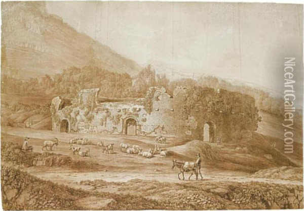 Study Of The Ruins Of An 
Amphitheatre In The Countryside, With Sheep And Goats Grazing Nearby Oil Painting - Jacob Philipp Hackert