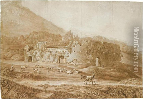 Study Of The Ruins Of An 
Amphitheatre In The Countryside, With Sheep And Goats Grazing Nearby Oil Painting - Jacob Philipp Hackert