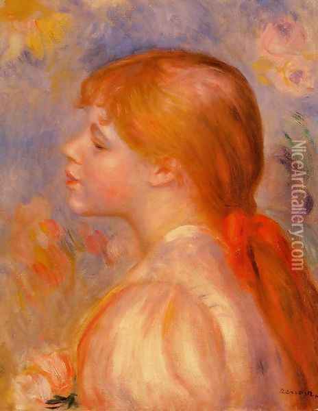 Girl with a Red Hair Ribbon Oil Painting - Pierre Auguste Renoir