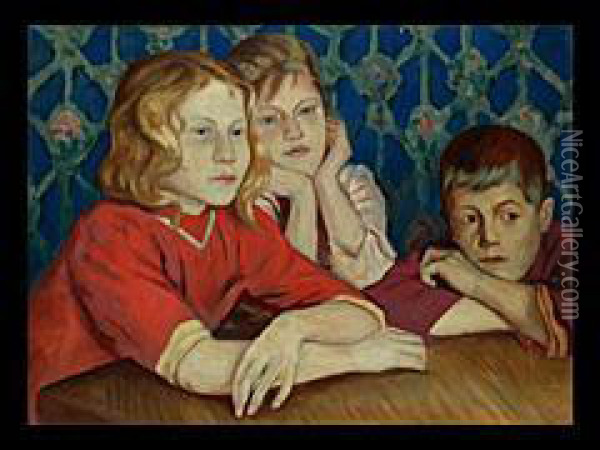 Portrait Dreier Kinder Am Tisch Oil Painting - Nikolai Petrovich Bogdanov-Belsky