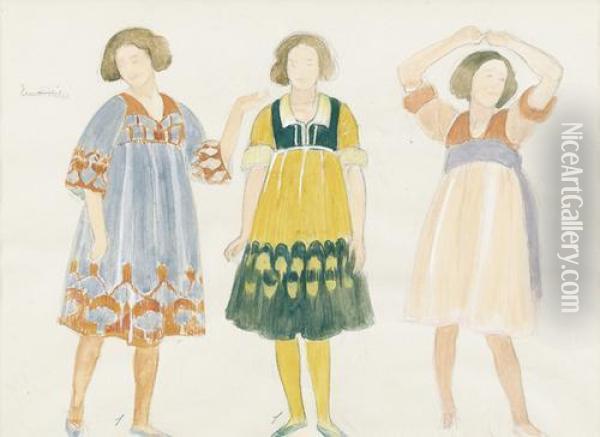 Drei Kostumierte Frauen. Oil Painting - Ernest Bieler