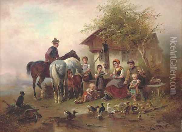 A family before a country cottage Oil Painting - Wilhelm Alexander Meyerheim