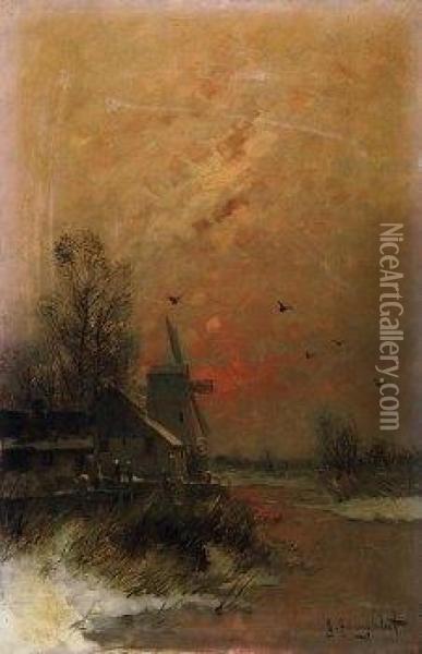 Yard With Windmill On A Winter Evening. Signed Bottom Right: J. Jungblut Oil Painting - Johann Jungblutt