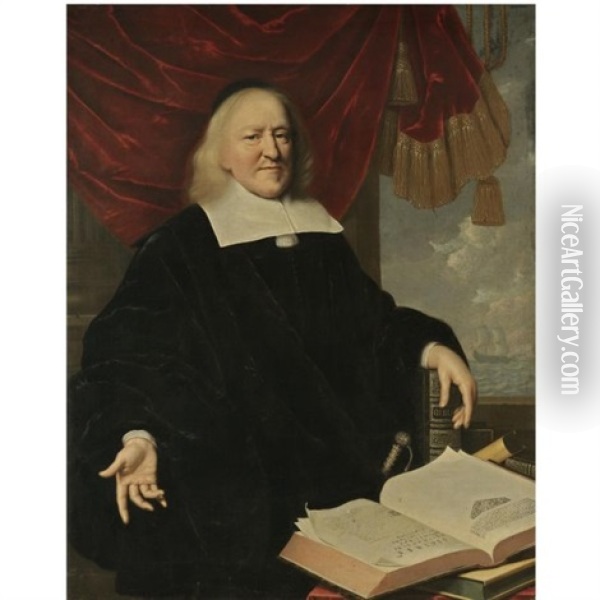 Portrait Of Hendrik Thibaut, Seated Before A Red Curtain Wearing Black, With His Left Hand Resting On A Copy Of The Bible And On A Table In Front Of Him An Open Copy Of Annales Et Histoires Des Troubl Oil Painting - Pieter Nason