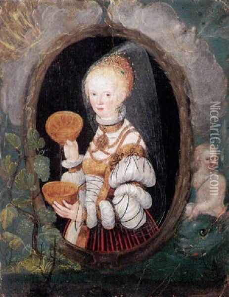 Portrait Of A Lady Carrying Two Golden Vessels In A Feigned Oval And Flanked By Symbols Of The Four Elements Oil Painting - Lucas Cranach the Younger