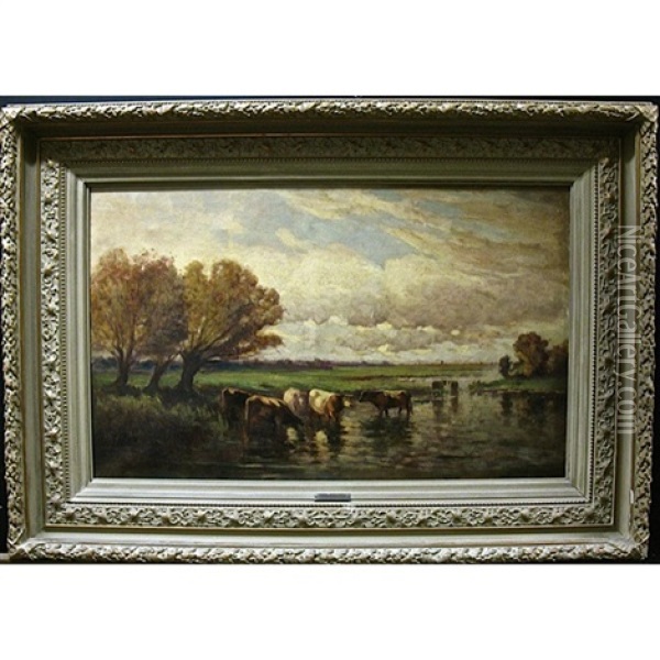 Cattle Watering Oil Painting - John A. Hammond