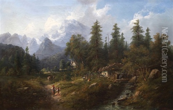 Alpska Krajina S Vodnim Mlynem A Figuralni Stafazi Oil Painting - Eduard Boehm