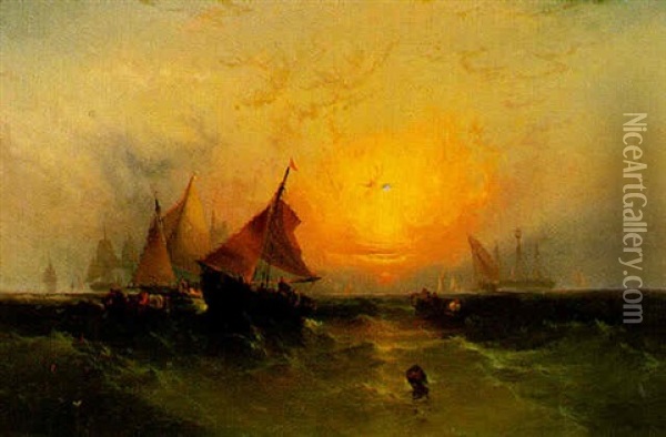 Ships At Sunset Oil Painting - Edward Moran
