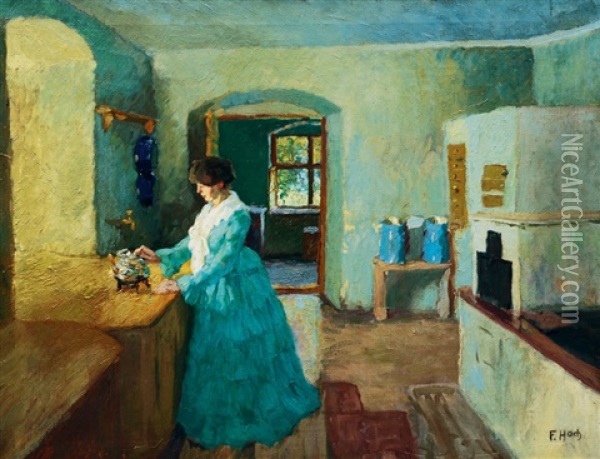 Woman In The Kitchen Oil Painting - Franz Xaver Hoch
