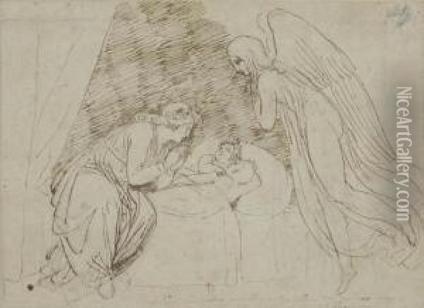 A Lady Upon Parting Commending Her Two Children To The Guardianangel Oil Painting - John Flaxman