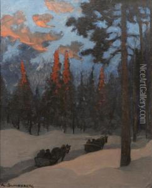 Sladfard I Vinterlandskap Oil Painting - Anshelm Schultzberg