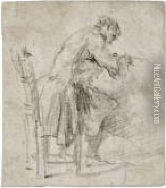 Study Of A Seated Artist, Seen In Profile, Sketching On A Largefolio Oil Painting - Giovanni Battista Piranesi