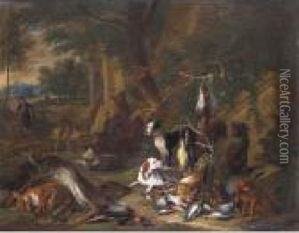 Still Life Of Game With A 
Huntsman Smoking A Pipe Together With His Hounds In A Landscape Oil Painting - Adriaen de Gryef